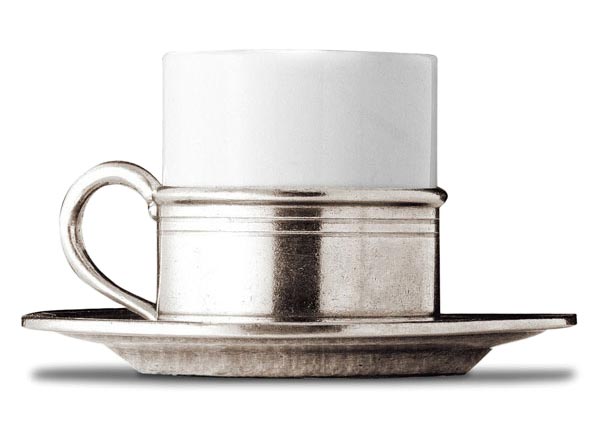 Φλυτζάνι του καφέ με πιατάκι επικασσιτερωμένο, Γκρι και λευκό, κασσίτερος και πηλός, cm h 6,5 cl 8