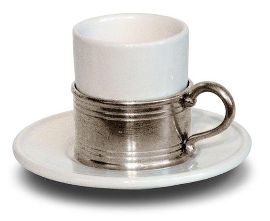 Taza moka con plato, gris y blanco, Estaño y Cerámica, cm h 6,8  cl 8