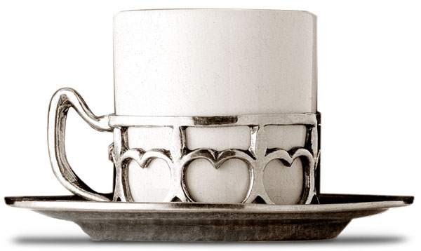 Kaffeetasse mit Untertasse, Grau und weiß, Zinn und Keramik, cm 5,5xh6