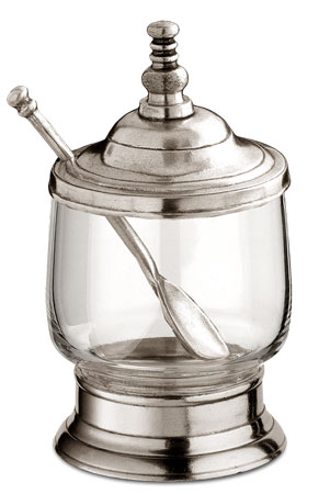 Pot à confiture avec cuillère, gris, étain et Verre, cm h 13 cl 25