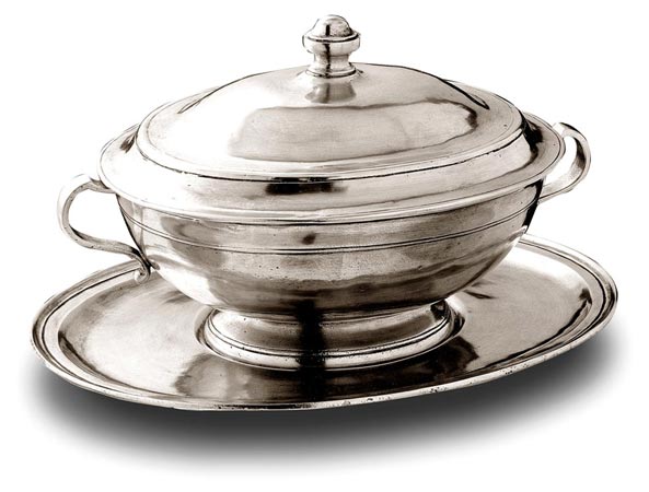 Oval tureen with tray, grey, Pewter, cm 25 x 20 x lt 2,15