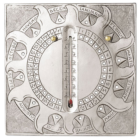 Wandkalender mit Thermometer, Grau, Zinn und Glas, cm 20x20