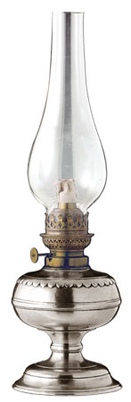 Petrolium Lampe, Grau, Zinn und Glas, cm h 34