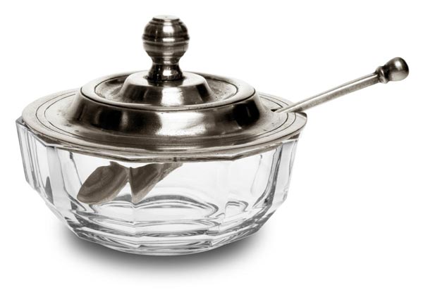 Sugar bowl with spoon, grey, Pewter and Glass, cm Ø 11