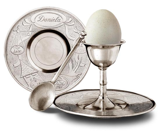 Egg cup with plate & spoon (for baby), grey, Pewter, cm h 8