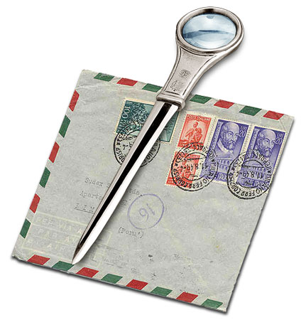 Brieföffner mit lupe, Grau, Zinn und Glas, cm 16,5