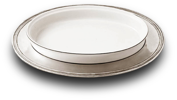 Vassoio ovale con pirofila, grigio e bianco, Metallo (Peltro) e Ceramica, cm 51x37