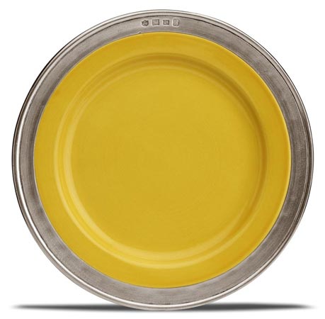Dessertteller gelb mit Ring aus Metall, Grau und gelb, Zinn und Keramik, cm Ø 22