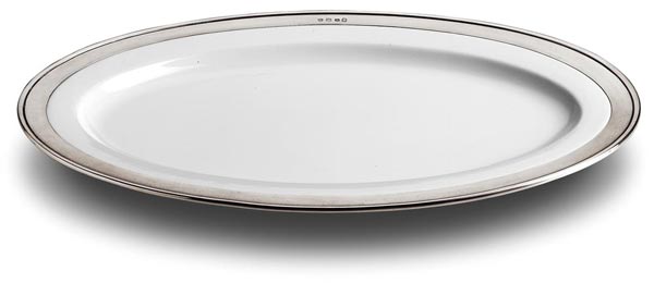 Piatto da portata ovale, grigio e bianco, Metallo (Peltro) e Ceramica, cm 57x38