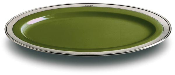 Piatto da portata ovale, grigio e verde, Metallo (Peltro) e Ceramica, cm 57x38