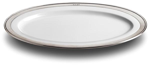 Platte oval, Grau und weiß, Zinn und Keramik, cm 37x27