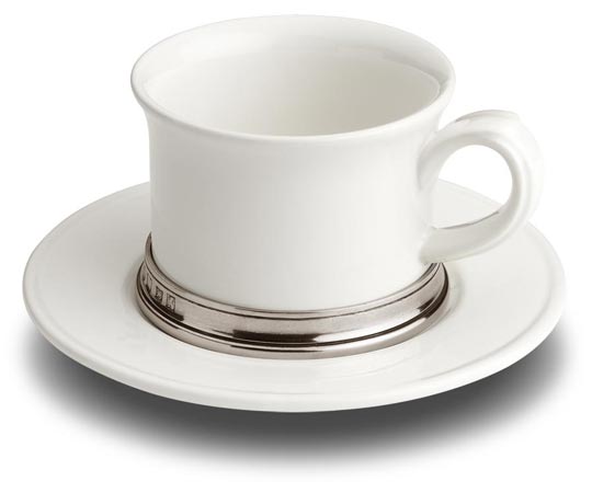 Tea cup with saucer, grey and White, Pewter and Ceramic, cm h 7 x cl 30