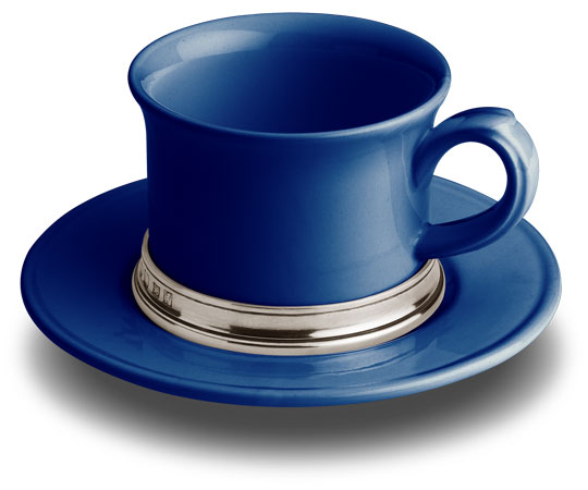 Tazza the con piatto, grigio e blu, Metallo (Peltro) e Ceramica, cm h 7 x cl 30