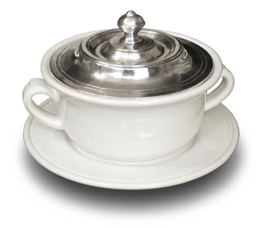 Covered soup bowl with plate, gri și alb, Cositor și Ceramice, cm ø 14.5 x h 10.5