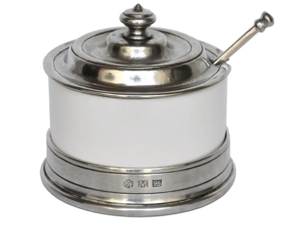 Pot à confiture avec cuillère, gris et blanc, étain et Céramique, cm Ø 9,5 x h 8,5