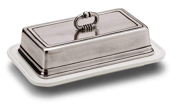 Butter dish, grey and White, Pewter and Ceramic, cm 18,5 x 11 x h8