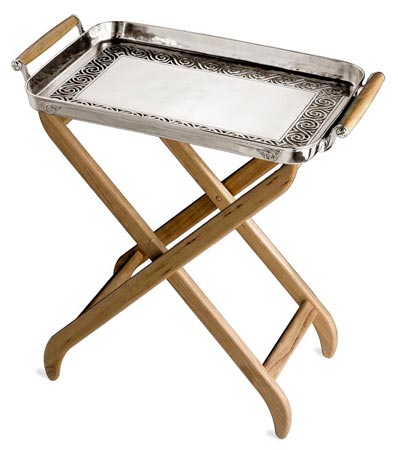 Tablett Tisch Metall mit Kirsch-Holzgestell, Grau und rot, Zinn und Holz, cm 53 x 35 x h 60