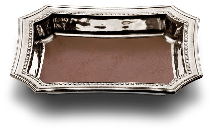 Pocket change tray with leather insert, gri, Cositor, cm 21,5 x 17