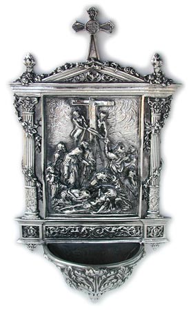 Benitier religieux - la descente de croix, gris, étain, cm 25