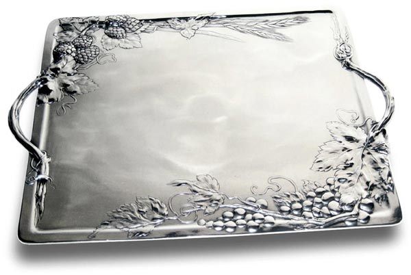 Tray with grapes and hops, grey, Pewter / Britannia Metal, cm 38x27