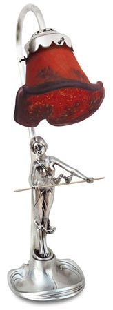 スタンドライト アンティーク ・女性像, グレー および rosso, ピューター / Britannia Metal および ガラス, cm 38,5 left