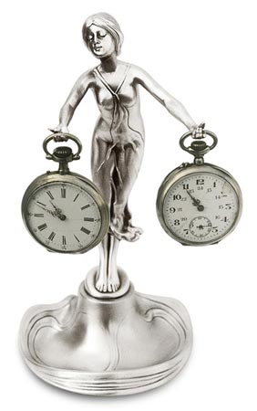Pocket watch stand lady w/outstreched arms, gri, Cositor / Britannia Metal, cm 21