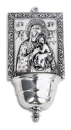 Holy water stoup - Madonna with child, grey, Pewter, cm 19