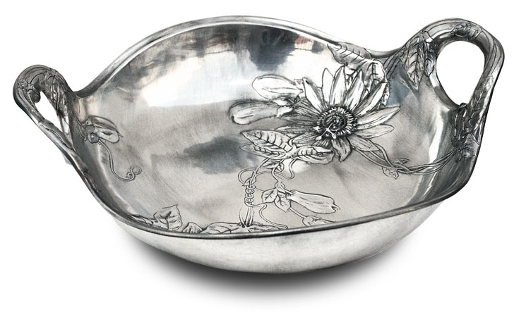 Bowl with handle - flowers, grey, Pewter / Britannia Metal, cm 34x29