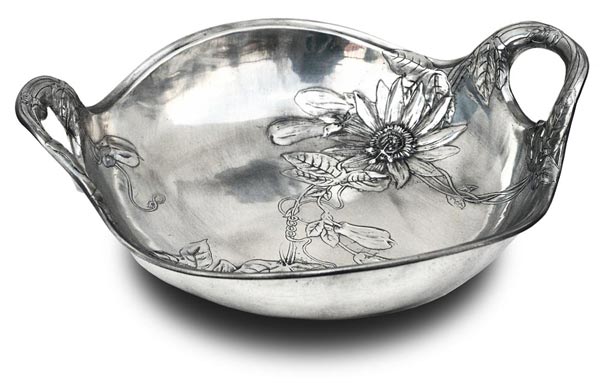 Bowl with handle and feet - flowers, grey, Pewter / Britannia Metal, cm 34 x 29