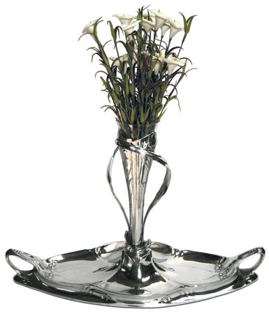 Centro de mesa - vaso de flor, gris, Estaño / Britannia Metal y Vidrio, cm 48 x 17,5 x 30
