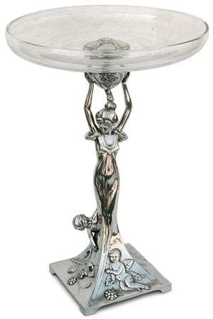 Fruit stand - Maiden with boy, grey, Pewter / Britannia Metal and Glass, cm 36,5 left