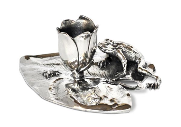 Bougeoir - grenouille et mouche sur un nénuphar, gris, étain / Britannia Metal, cm 13x9,5x h 5