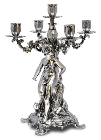 Kerzenleuchter 5 armig - Mädchen figur, Grau, Zinn / Britannia Metal, cm h 37 right
