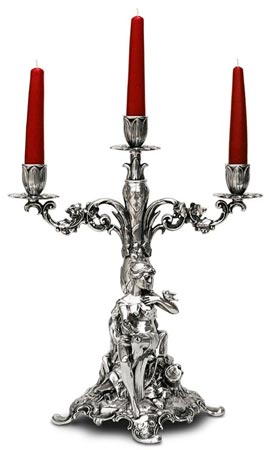 Kerzenhalter 3 armig - sitzender Mädchenfigur, Grau, Zinn / Britannia Metal, cm h 37 right