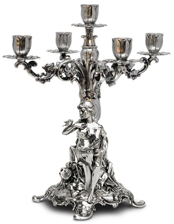 Kerzenleuchter 5 armig - sitzender Mädchenfigur, Grau, Zinn / Britannia Metal, cm h 37 left