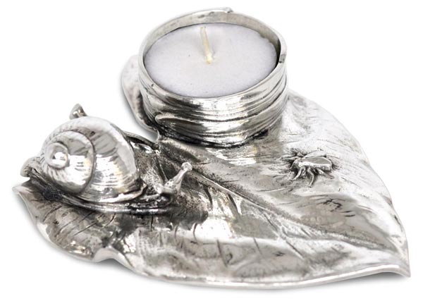 Teelichthalter - Schnecke auf Blatt mit Fliege, Grau, Zinn / Britannia Metal, cm 13 x 9,5 x h 2,5