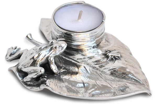 Candle holder -  frog and fly on waterlily, grey, Pewter / Britannia Metal, cm 13x9,5x h 2,5