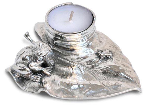Candle holder -  frog and fly on waterlily, grey, Pewter / Britannia Metal, cm 13 x 9,5 x h 2,5