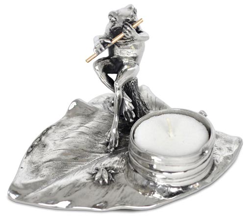 Candle holder -  frog and fly on waterlily, grey, Pewter / Britannia Metal, cm 13 x 9,5 x h 7