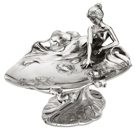 Footed tray - young lady and water lilies, grey, Pewter / Britannia Metal, cm 26 x 20 x h 20