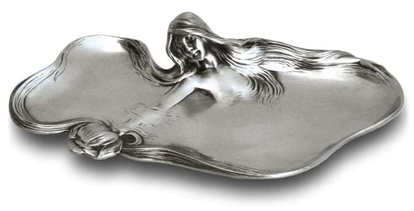 Jewellery holder tray - young woman holding a water lily in her hand, grey, Pewter / Britannia Metal, cm 22x12