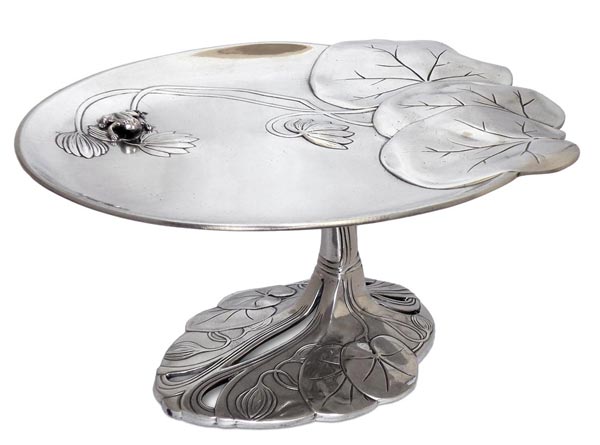 Footed tray - water lily and frog, grey, Pewter / Britannia Metal, cm 26 x h 12