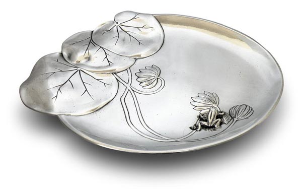 Small tray - water lily and frog, grey, Pewter / Britannia Metal, cm 26 x 21