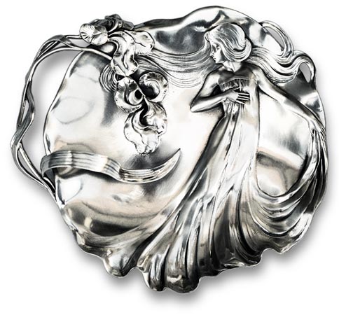 Obstschale  - Frauengestalt und schwertlilien, Grau, Zinn / Britannia Metal, cm 32 x 28,5