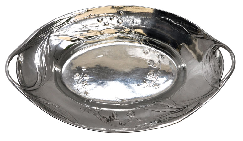Oval bowl with handles - lily of the valley, grey, Pewter / Britannia Metal, cm 33x19