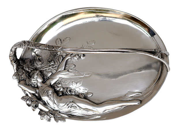 Tray with handle - young woman in roses, grey, Pewter / Britannia Metal, cm 25,5x18,5