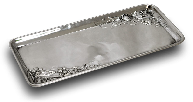 Vassoio rettangolare con fiori, grigio, Metallo (Peltro) / Britannia Metal, cm 27x12