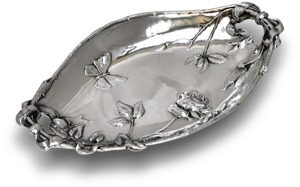 Frutero oval - mariposa y rosas, gris, Estaño / Britannia Metal, cm 34,5x20