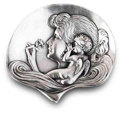 Coupe porte bijoux - dame avec enfant, gris, étain / Britannia Metal, cm 10,5