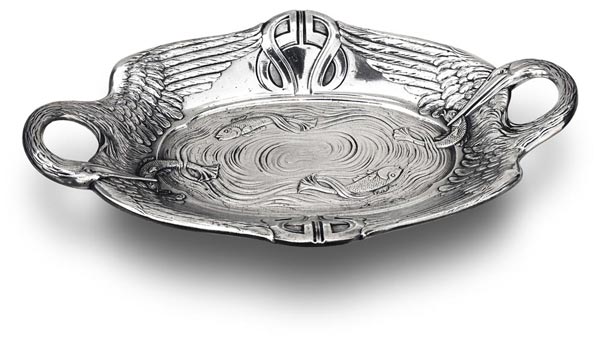 Oval bowl -  pelicans and fishes, grey, Pewter / Britannia Metal, cm 37 x 22
